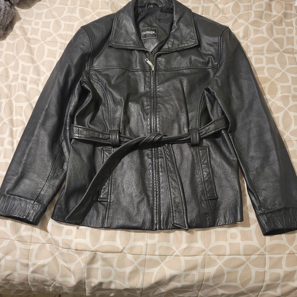 Women's Black Leather Belted High Collar Jacket